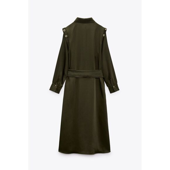 Green Zara Collared Button Down Belted Grommet Ring Long Sleeve Midi Dress (NWT) - Picture 7 of 8